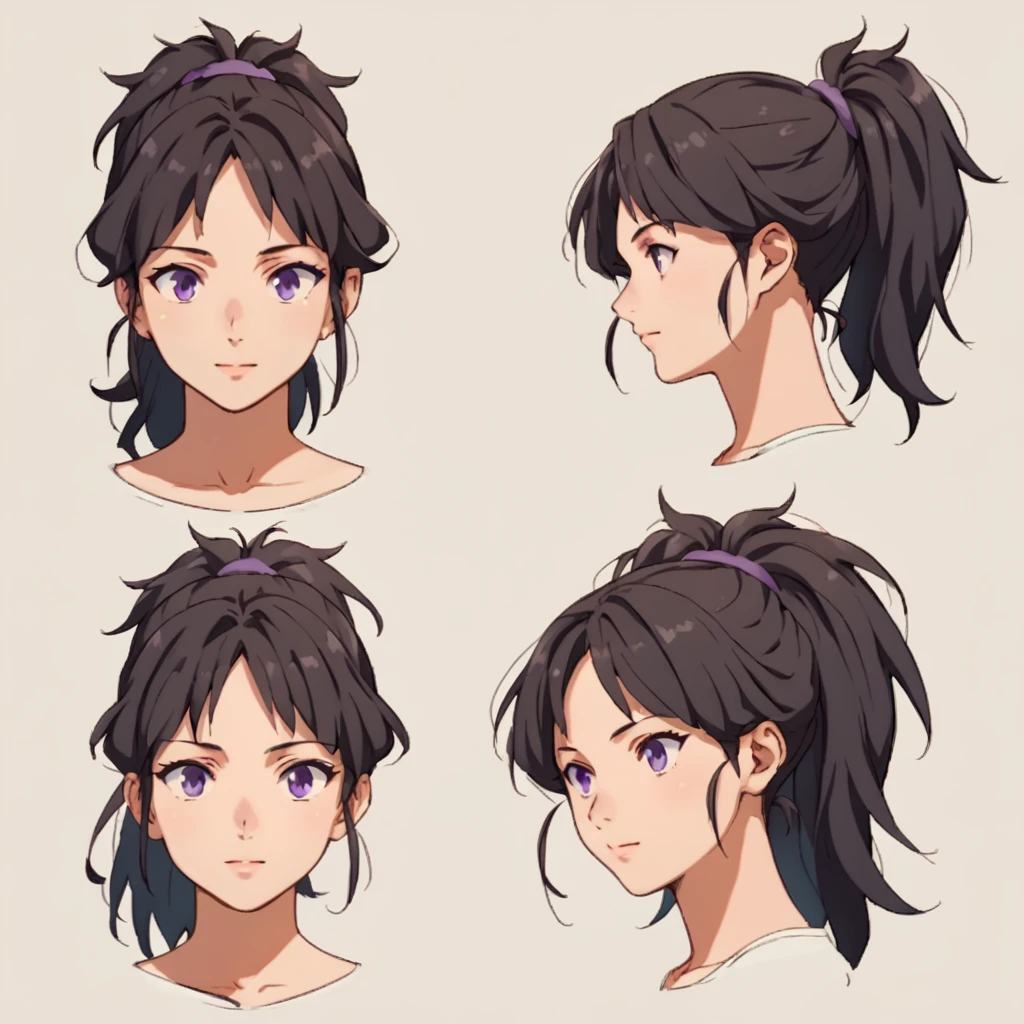 score_9, score_8_up, score_7_up, score_6_up, score_5_up, score_4_up, BREAK source_anime, frond an side, multiple views,  front and side, headshot,1 Mature female,human, Dark hair with purple strands, Ponytail, purple eyes,