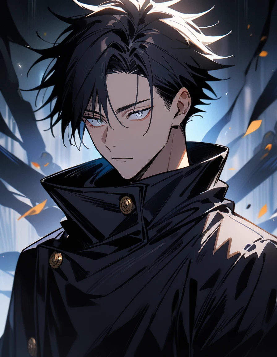 (1boy,jujutsu kaisen) solo, robot, black hair, (layered cut), white bright eyes, masterpiece, best quality, high quality, upper body, male focus,