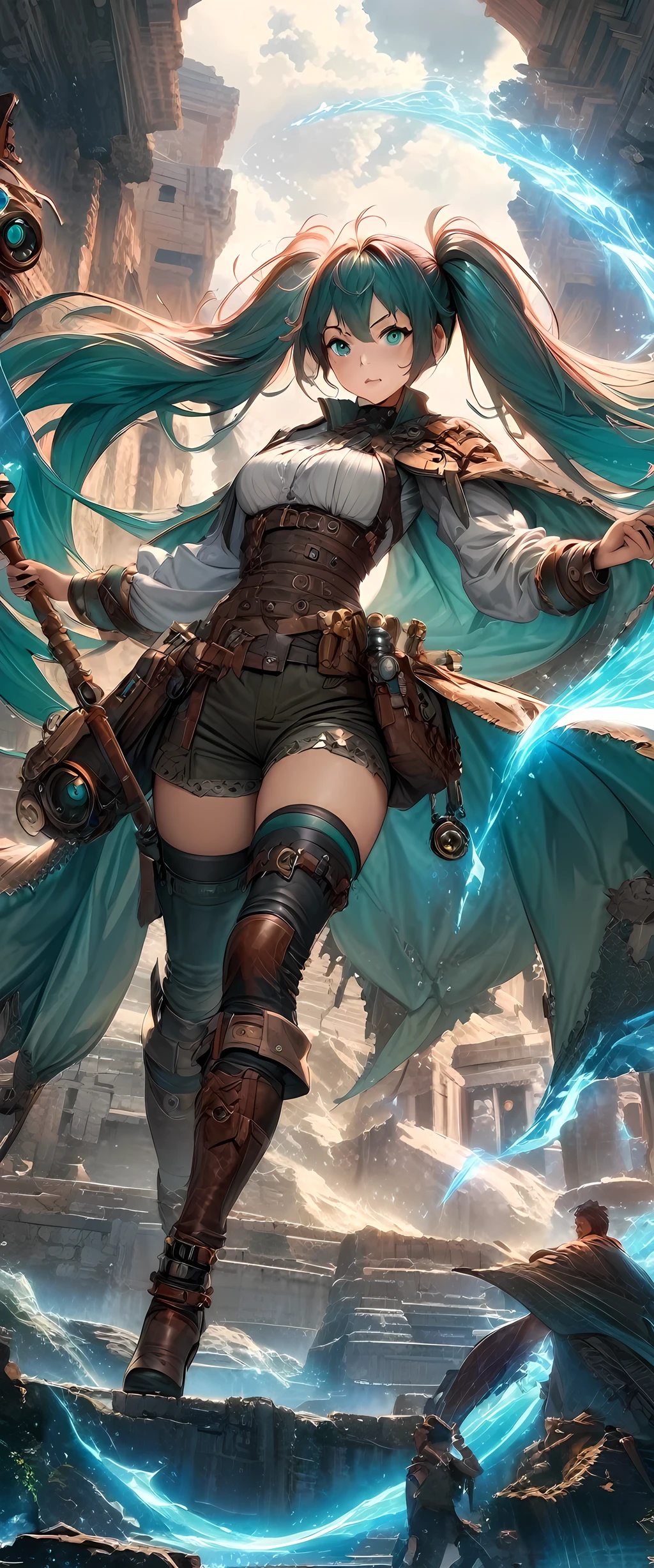 (masterpiece), (highest quality), (illustration), (super detailed), (high resolution), absurdity,1girl,Hatsune Miku as an adventurer, digital illustration, lively background, realistic lighting, best quality, vibrant colors, long flowing twin-tails, detailed eyes, flowing cape, magical aura, holding a staff, exploring ancient ruins, encountering mythical creatures, dynamic pose, futuristic gadgets, fantasy world, ethereal atmosphere, intense shadows, action-packed scene, dynamic camera angle, glowing runes, epic battle, immersive environment, mysterious artifacts, steampunk elements, intricate details, intricate costume, expressive face, stormy weather, flying dragons, ancient temples, mystical energy, breathtaking landscapes