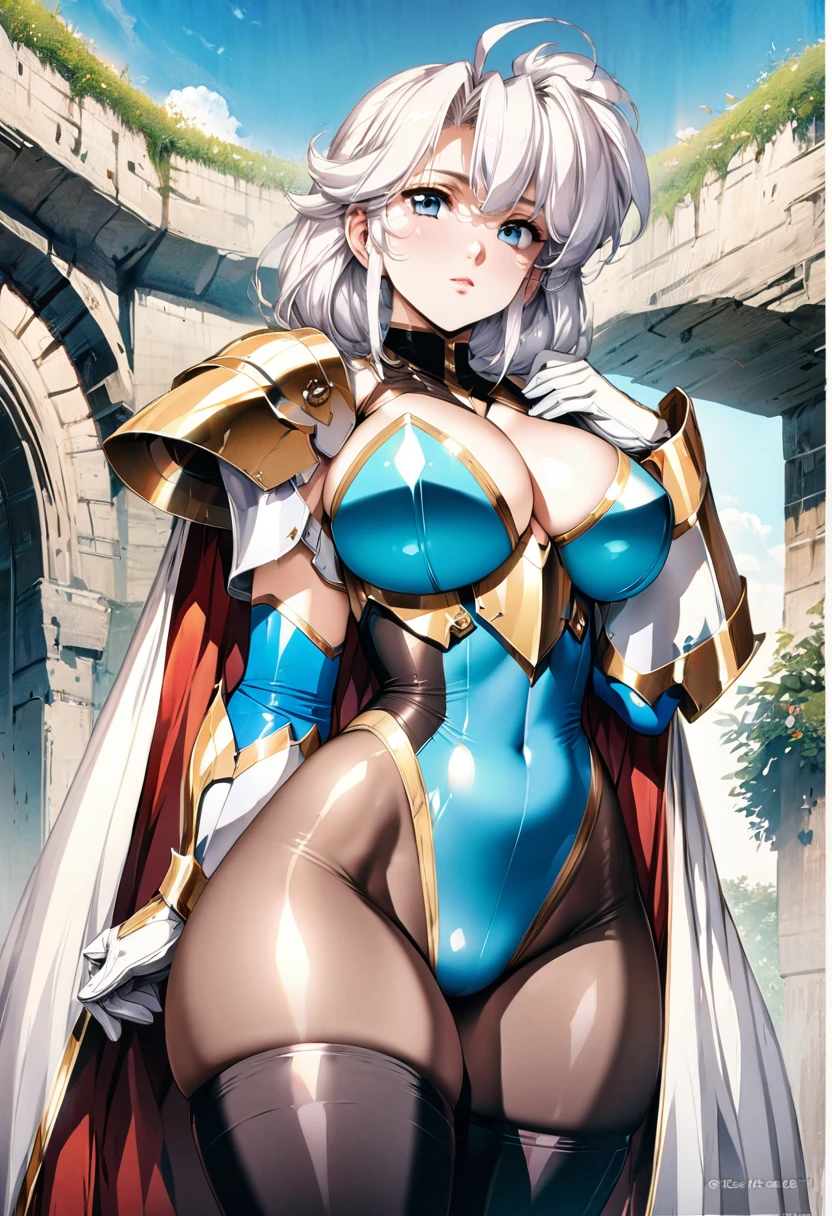 ((highest quality)), ((masterpiece)), ((hyperrealistic)), (detailed background), anime style, solo, shoot from below, 1girl, ((curvy: 1.2)), kawaii, paladin, ((Lamé racing azure leotard)), ((see-through catsuit leotard)), (paladin armor), (breastplate armored dress), cloak de cour, gauntlet, gloves, white hair, ahoge, (huge breasts), see-through cleavage cutout, (zettai ryouiki black thigh high socks), (black see-through pantyhose thighs), (See-through pantyhose groin area), beautiful eyes, perfect face, Perfect hands, perfect fingers, Blue sky and grassland,