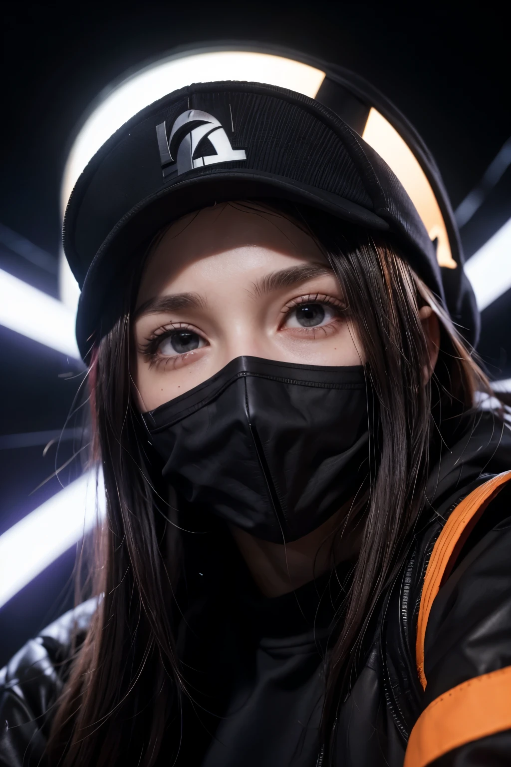I want a character with the orange cap backwards in the eyes with purple rays coming out, an all black mask, an all black coat on the white left arm, a brown cause with some red lines