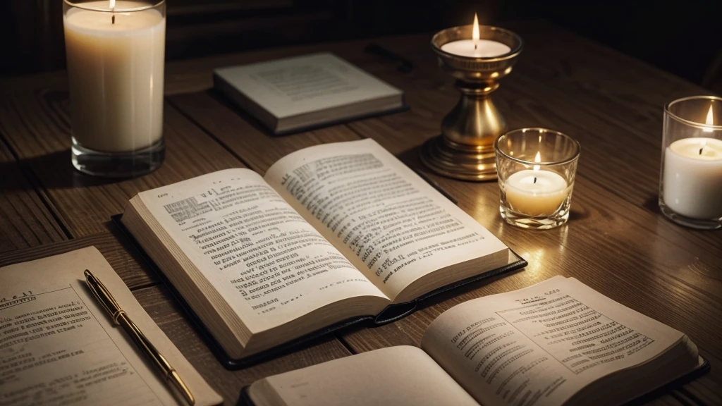 creates a bible on a table and a glass of water and candle next to it with golden tones in the image with a dark background with space at the top of the image