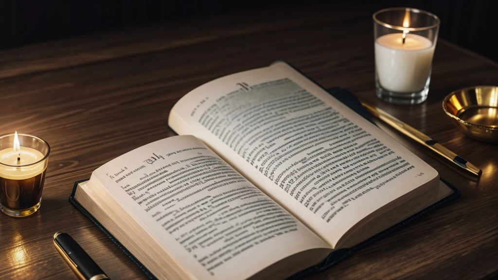 creates a bible on a table and a glass of water and candle next to it with golden tones in the image with a dark background with space at the top of the image