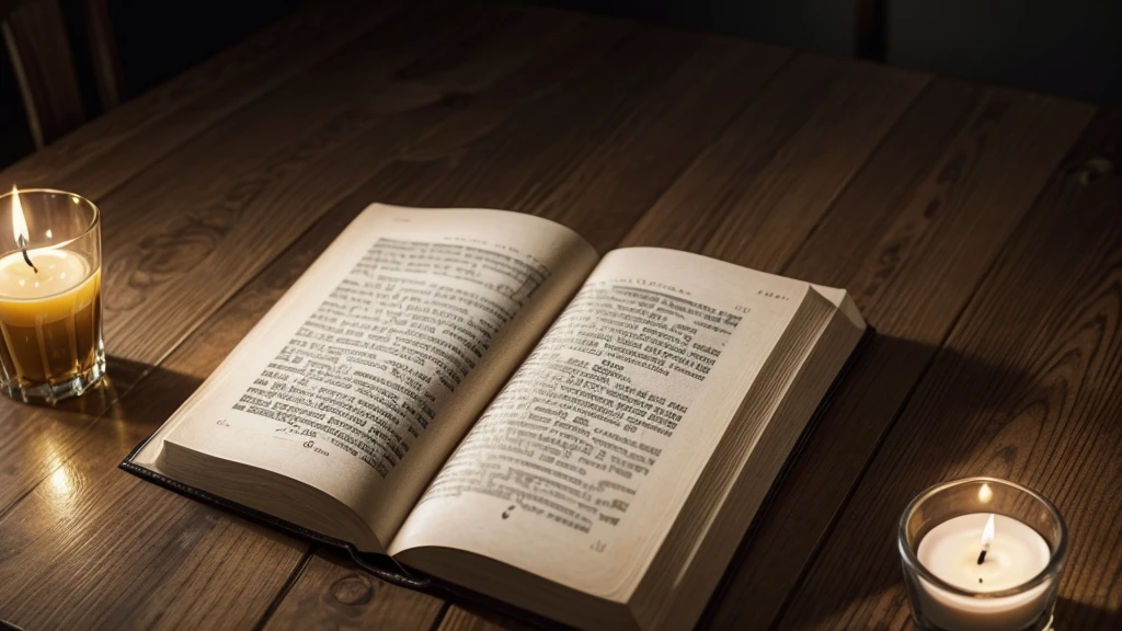 creates a bible on a table and a glass of water and candle next to it with golden tones in the image with a dark background with space at the top of the image
