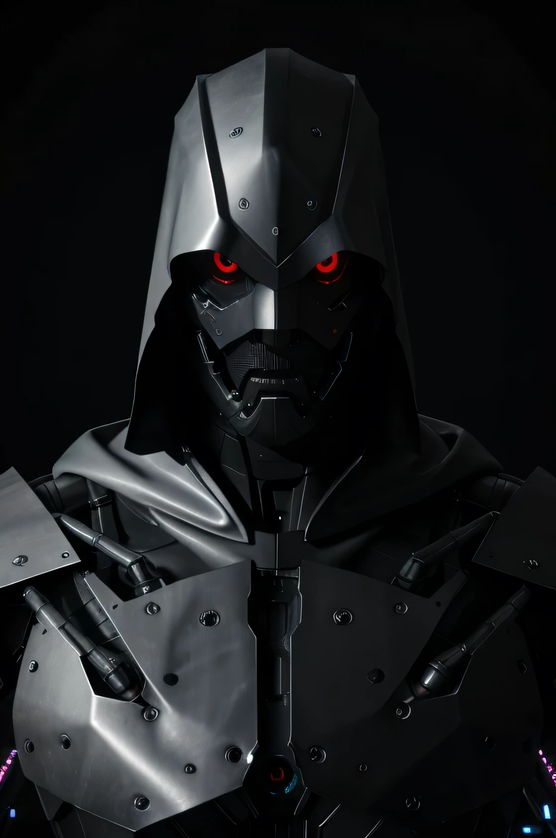 half-human entity, Half cybernetic robotic with very large mechanical eyes and all black wearing a silver cape with a hood on his head, facing and looking at the camera, serious and dark,  best qualityer, (highly detailed RAW photo: 1.2), 8k octane rendering, volumetric lighting, volumetric shadows 