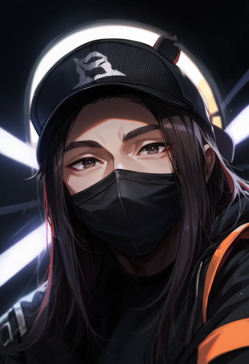 I want a character with the orange cap backwards in the eyes with purple rays coming out, an all black mask, an all black coat on the white left arm, a brown cause with some red lines for men 