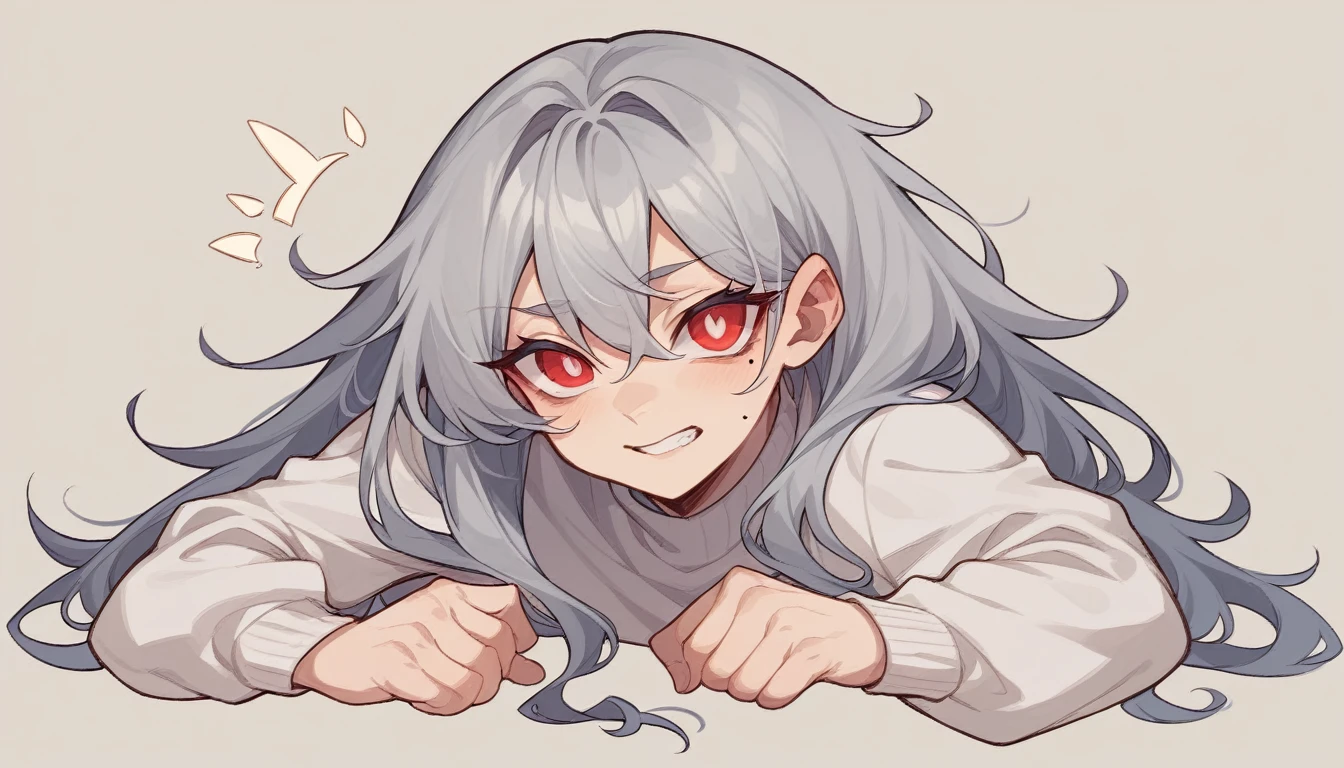 1 teen girl character。whole body、gray hair color、Glowing red eyes、Long Hair、There is a mole under the left eye。On a transparent background、Depict people only。