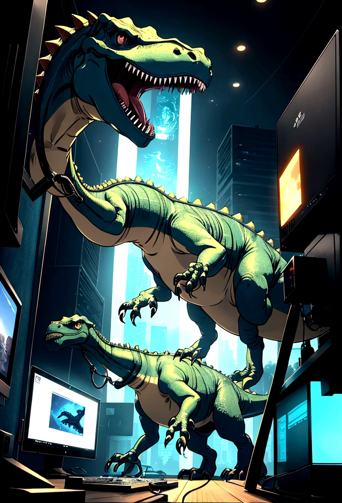 a dinosaur who play video game with a pc