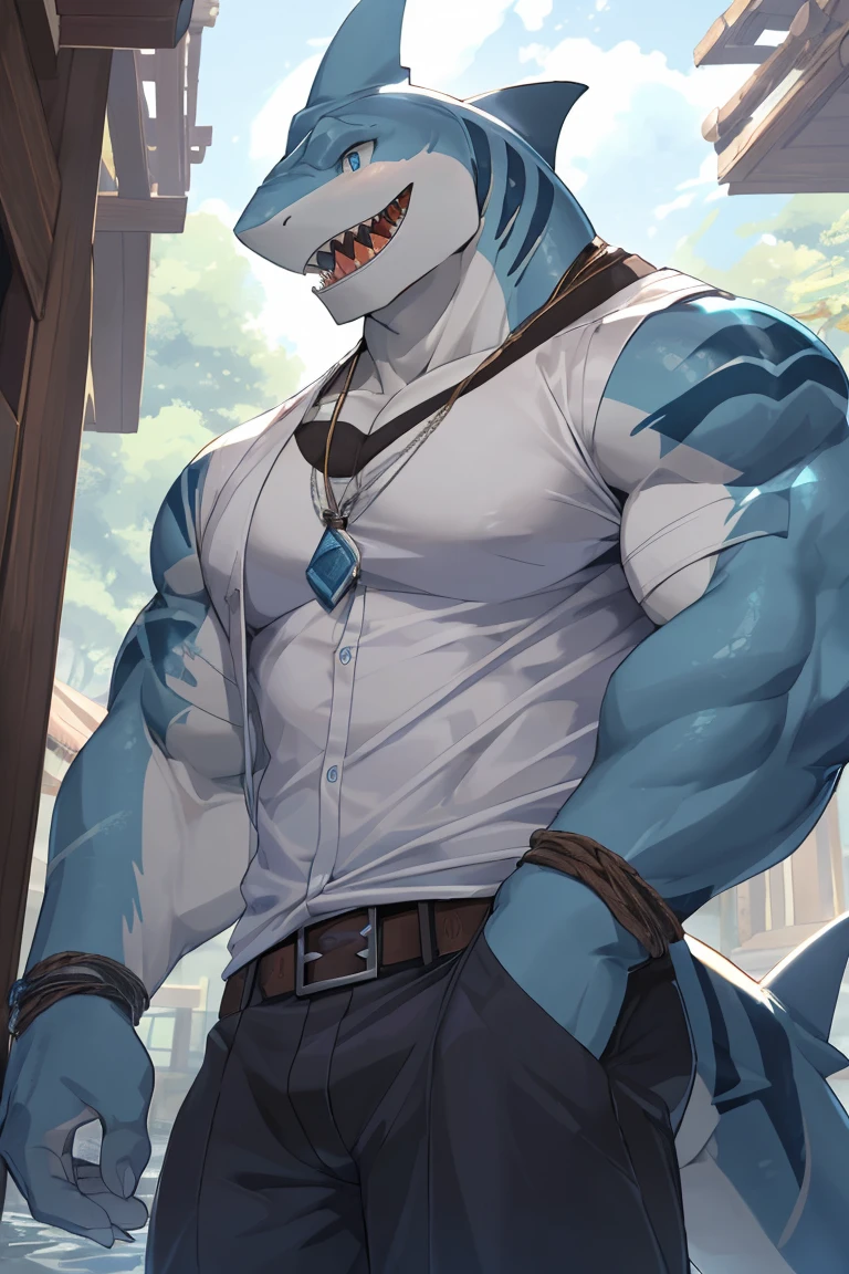 solo, male, fish, (shark:1.1), (lizard:1.2), Masterpiece, Best Quality, 4k, 8K, hi res, anthro, Furry, kemono, muscles, bara, light blue body, (one color body:1.3) detailed eye, aqua blue eye,  fish tail, fin, bald head, soft blue blush, closed Mouth, Gills, White shirt, pirate clouthes