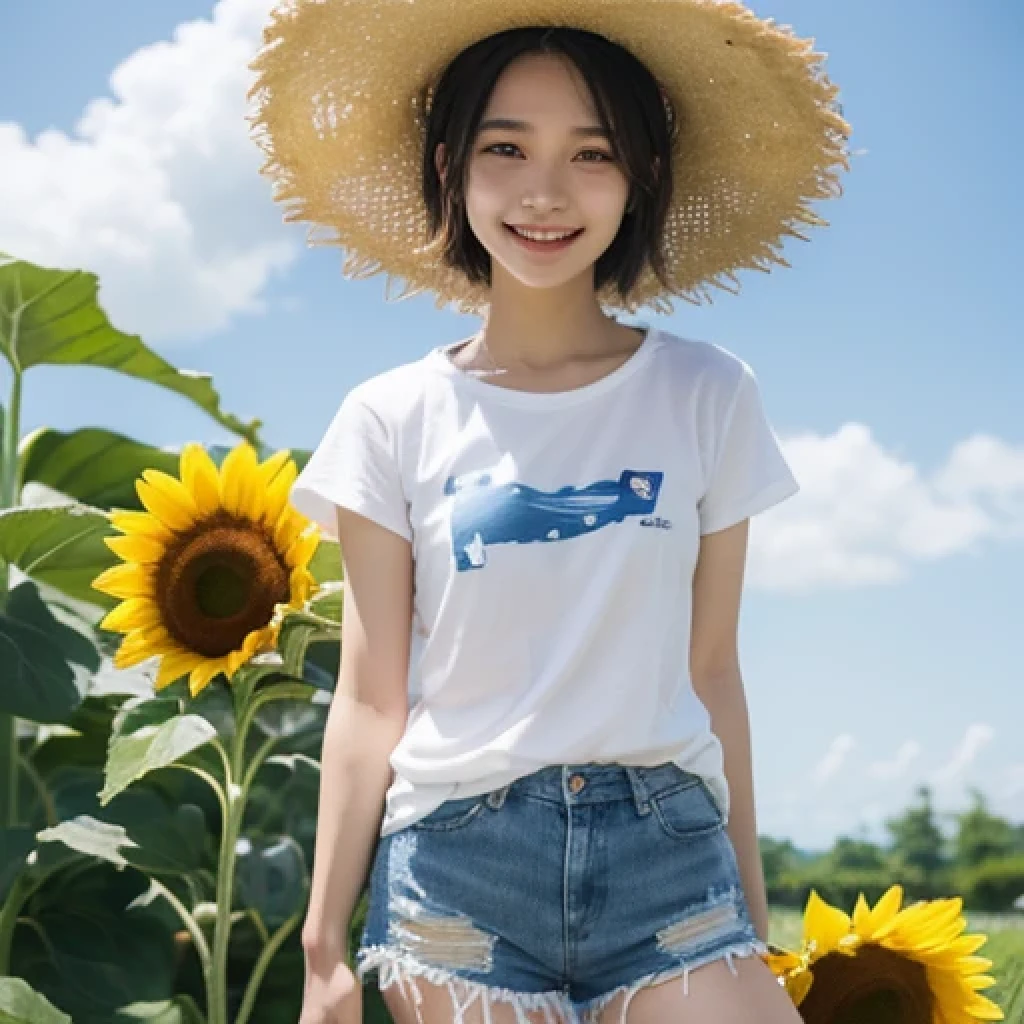 Japanese、18-year-old、Very slim、((Smiling))、Summer clothing、Blue sky、White cloud、sunflower、Straw hat、T-Shirts、Shorts、short hair