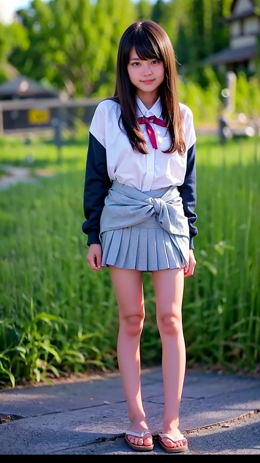 ((((detailed explanation)))),(((masterpiece、Highest quality、Very detailed:1.42、Focus on the eyes)))、Japanese high school girl posing in the schoolyard in the evening、白いシャツと紺色のPleated skirtを着用、Red ribbon tie、The shirt is clean、The shirt is well ironed、Shirt sleeves rolled up slightly to the elbows、A simple silver bracelet on her wrist、The skirt of the uniform is above the knee、Pleated skirt、The model has naturally straight, black hair that reaches her shoulders.、Bangs should be slightly over the eyebrowy hair is bathed in the sunlight、The hair is soft and shiny、His face is well-formed.、大きな瞳はPure and bright expression、The skin is translucently white、The slightly reddish cheeks give a healthy impression.、natural pink lips、When she smiles, she has small dimples、In the background is a large schoolyard.、Slightly rusty iron bars and playground equipment、The sky is sunset、Orange, pink and purple gradation、The lighting is soft and natural、Warm colors illuminate her face and uniform.、Natural smile、Her left hand is lightly lifting the edge of her skirt、The right hand is placed on the hip、A relaxed yet confident pose、Eyes are directed towards the camera、Pure and bright expression、The freshness of youth and the calm atmosphere of the evening、(((Elegant yet approachable photography)))