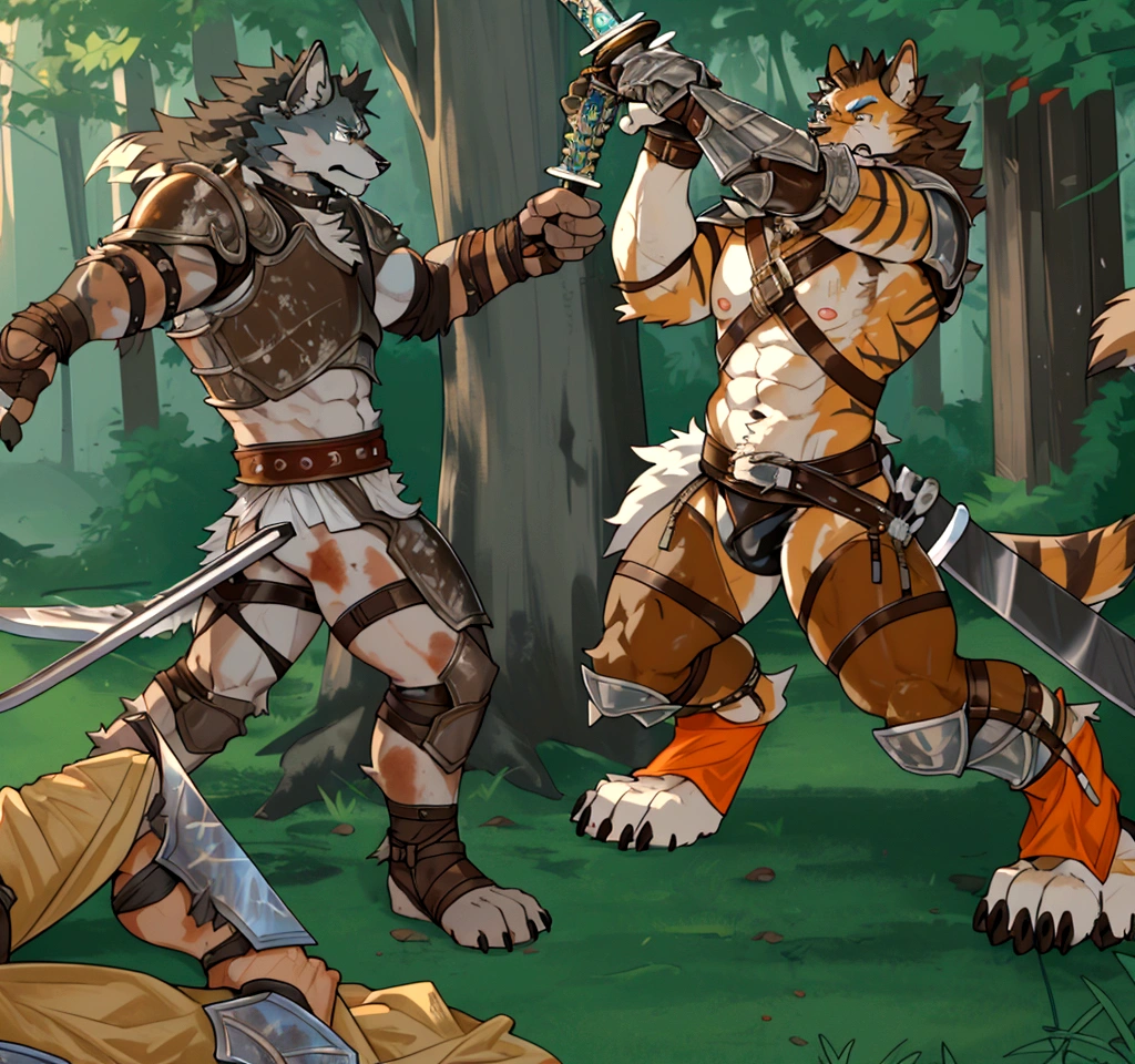 Couple of Sexy young anthro furry wolfes male mercenary warriors, slim endomorph muscular, handsome gay model male apperance, they are fighting with swords in forest ancient battle, sword duel, angry anger look, rage, sword scars, worn out leather skimpy armament, low on hips heavy leather belt, old very worn out skimpy dirty linen material jockstrap, old yellow dirty worn out stains on white sawn jockstrap, very visible "x" brown seam pattern on the jockstrap, studded skimpy armlets breastplate armor, skimpy breastplate, leather bondages, fingerless leather gloves, smelly unwashed furr, dirty body look, both of them hold blooded sword in hand, proffesional anathomy, correct anathomy, five fingers, correct muscules building, proffesional perspective, professional composition, proffesional cinematic sword fight scene, correct sword hold in hand,