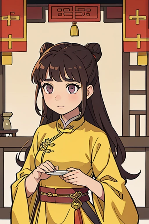 ( Best Quality, ancient china, A girl), loose hair, Brown hair, tender lilac eyes,yellow chinese dress