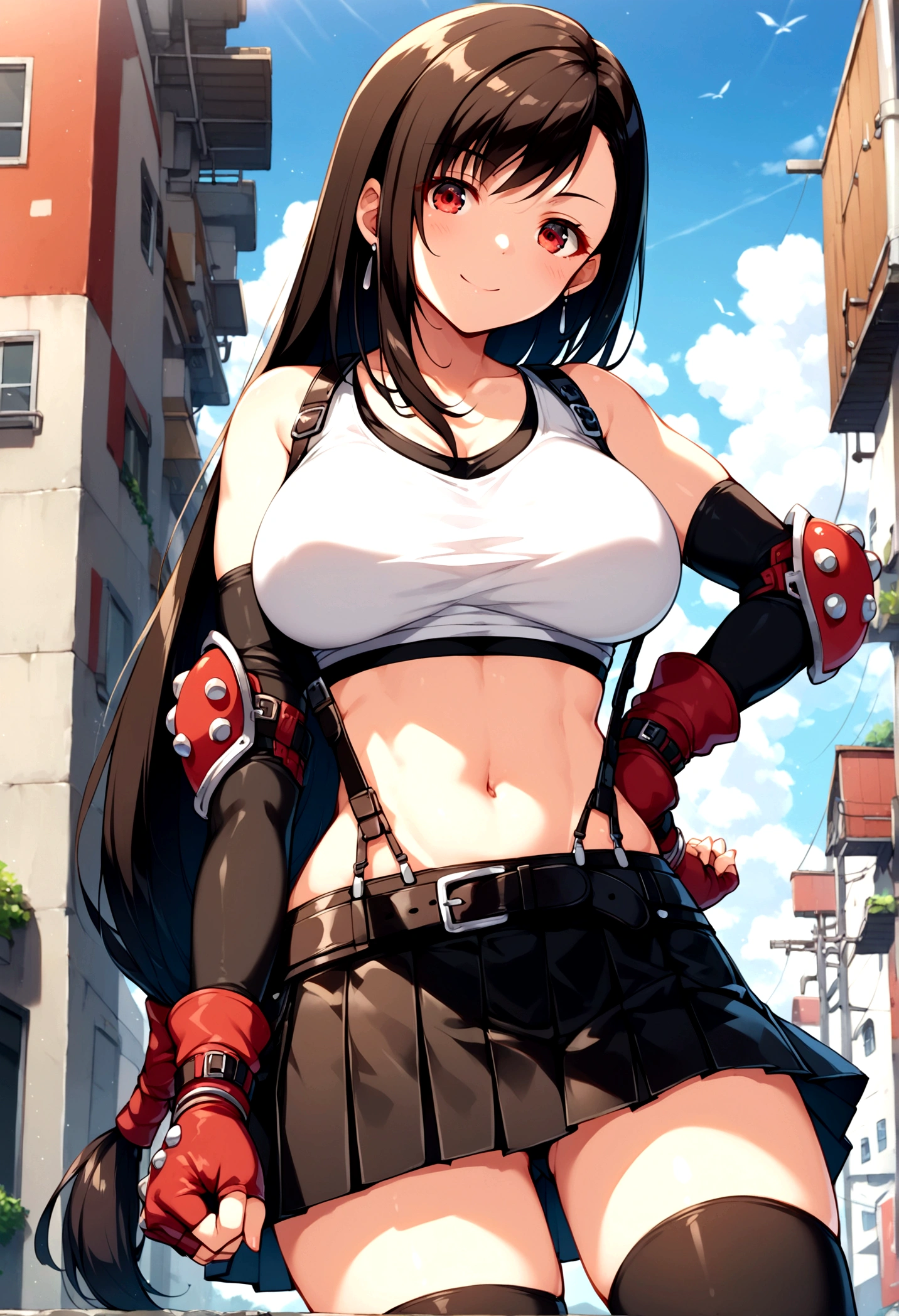 score_9, score_8_up, score_7_up,score_6, score_5,BREAK , ,from front,front view,side angle,pov,straight-on,,standing,contrapost, ,,straight-on,Solo ,1girl, tifa lockhart, final fantasy, tareme,black hair, low-tied long hair, red eyes, bangs, (white tank top, belt, pleated skirt, thighhighs, elbow fingerless gloves, elbow pads, midriff, navel,suspender skirt) ,(large_breast),(light smile),fist,hand on own hip,daytime,outdoor,(ultra detailed),(best quality),(aesthetic,very aesthetic),UHD,extremely detailed CG unity 8k wallpaper,anime,depth of field,,, 　　