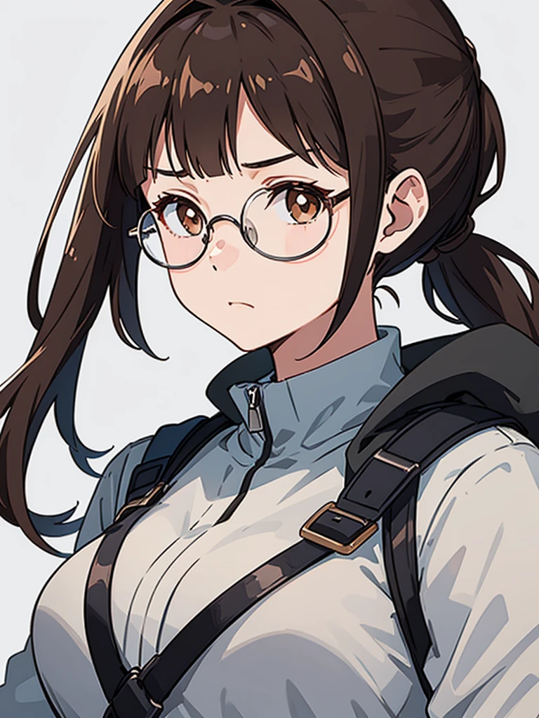 1girl, medium build, ((round glasses)), brown hair, blunt bangs, low ponytail, ponytail, brown eyes, ((neutral)), (no expression), expressionless, Modern, (((contemporary))),