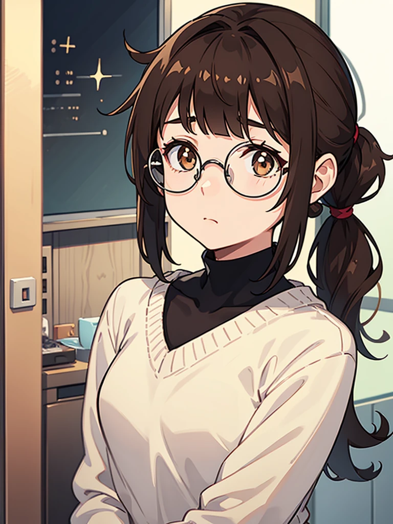 1girl, medium build, ((round glasses)), brown hair, blunt bangs, low ponytail, ponytail, brown eyes, ((neutral)), (no expression), expressionless, Modern, (((contemporary))),