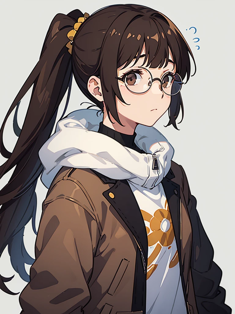 1girl, medium build, ((round glasses)), brown hair, blunt bangs, low ponytail, ponytail, brown eyes, ((neutral)), (no expression), expressionless, Modern, (((contemporary))),