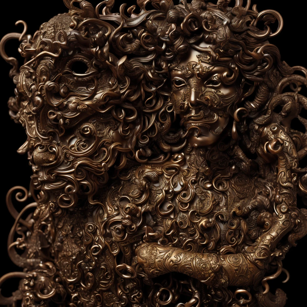 Demon of innocence, cunning humanoid creature with innocent glance, very sensitive skin and long curly fingers, desire to express interest, his eyes are lit up, strange, features of human  and some unknown snail, (antique clothes in style of Salvador Dali), trending on artstation, hyperrealism, james jean, dark brown background with unknown dark black wavy hand-alike symbols, baroque, rococo