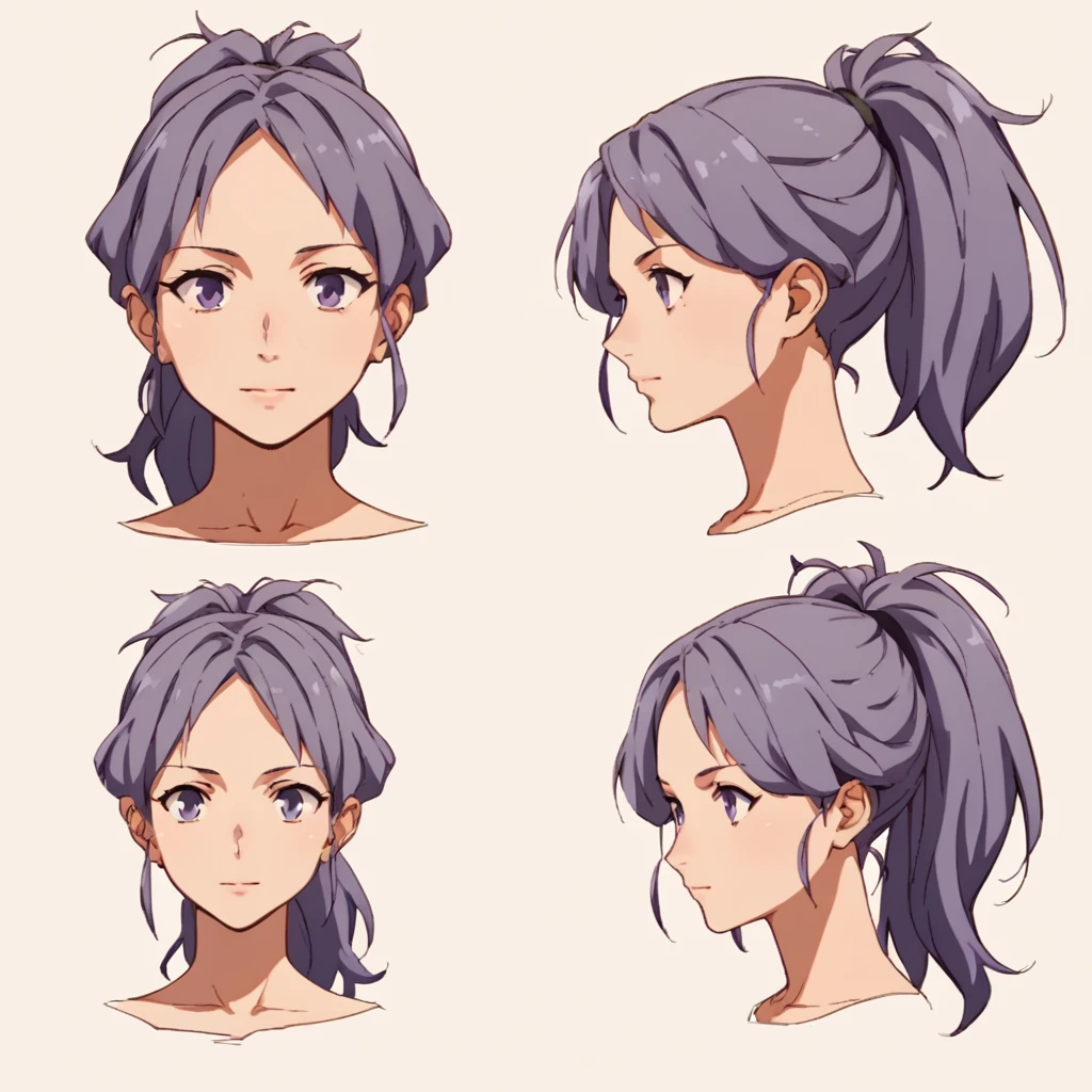 score_9, score_8_up, score_7_up, score_6_up, score_5_up, score_4_up, BREAK source_anime, frond an side, multiple views,  front and side, headshot,1 Mature female,human,Purple hair with purple strands, Ponytail, purple eyes,