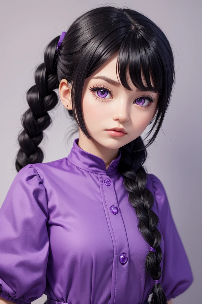Make a Roblox doll with black hair and a braid on one side, purple outfit 