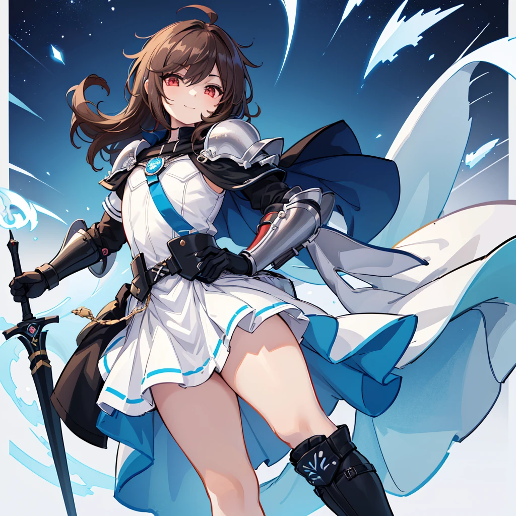 (((1boy))), Femboy, superhero, crossdresser man, teenager, in a school, (white long sleeved cocktail shirt), (long black skirt with a white stripe), with a (((white cape with a blue inner part))), a (((black chest armor plate with a white decal in the middle))), (black gloves) and (black boots), long technological red sword, ((brown skinned)), red eyes, feminine shoulder length dark brown hair, ((wide hips)), ((thick thighs)), flat chest, narrow waist, flying around in a beautiful futuristic floating in the sky city landscape, ((only one character)), (((solo))), ((smiling)), ((((cute artstyle))))