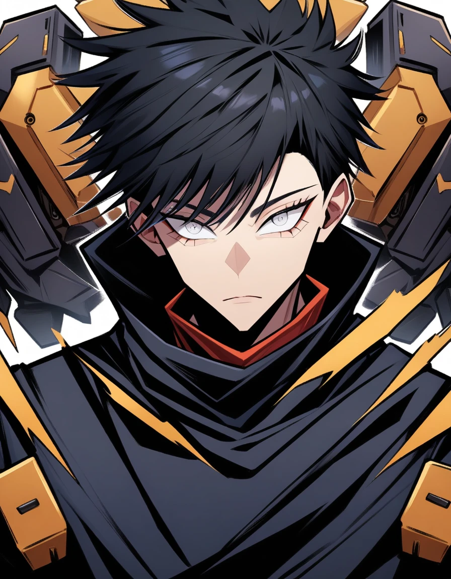(robot,jujutsu kaisen), blacksteel, black hair, (layered cut), white bright eyes, masterpiece, best quality, high quality, upper body,