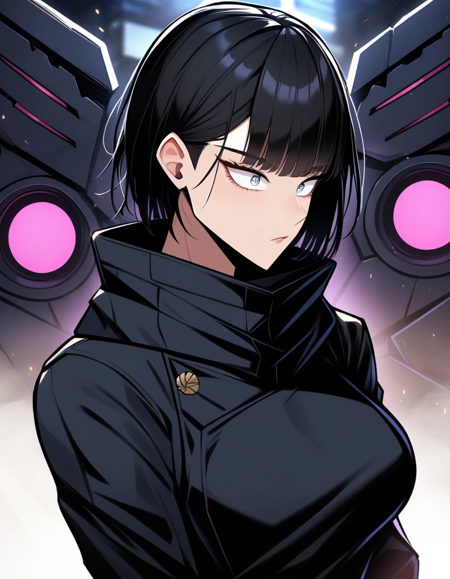 (robot,jujutsu kaisen), blacksteel, black hair, (layered cut), white bright eyes, masterpiece, best quality, high quality, upper body,