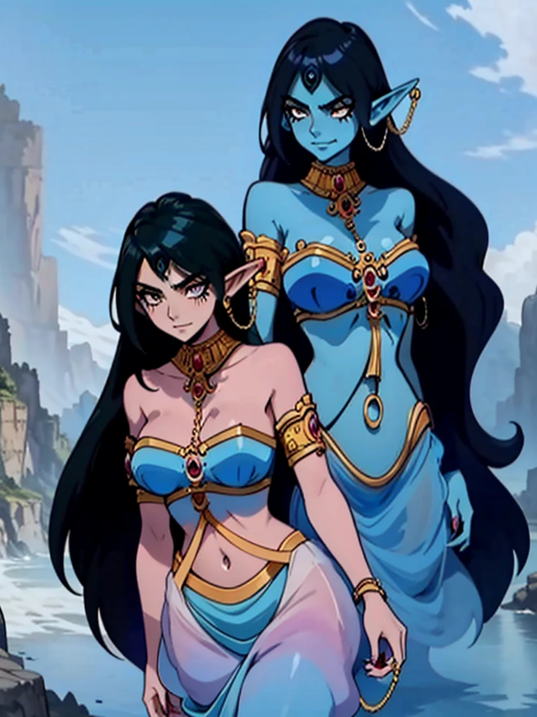 (Masterpiece, best quality, official art, 8K), ultra-detailed, 1 anime girl with blue hair and a chain around her neck, Human Hybrid Djinn, genie, (((ALONE))), Female Water Elemental Asian, Goddess Inanna, Maya Ali sorceress, The Greek goddess Afrotita, aesthetic!!!!!! (1 female genie), beautiful genie, evil goddess, maya ali as a storm sorceress, maya ali as a wind wizard, color concept art, spiritual fantasy concept art, Human Hybrid Djinn, complex fantasy character, blue-skinned elf.