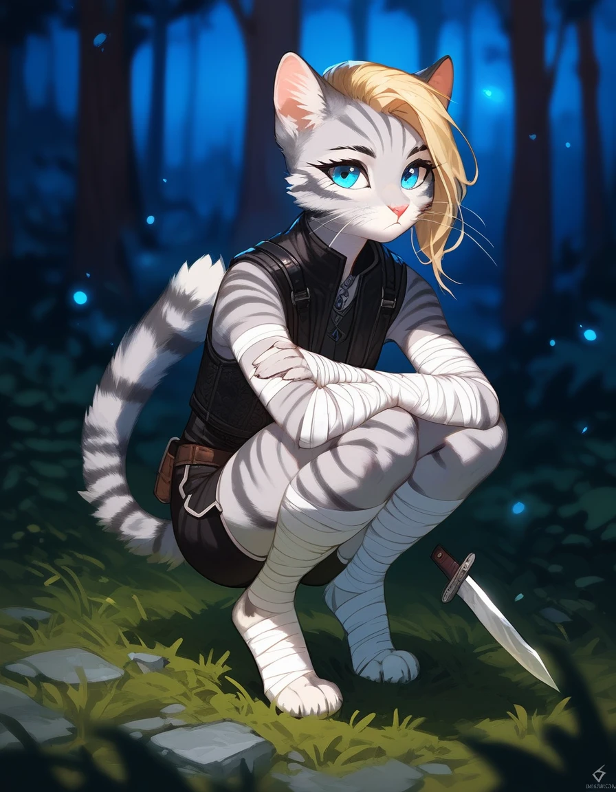 Solo, score_9,score_8_up,score_7_up, source_cartoon, cartoon, kat, Anthro furry feline, female, tall slender body, long blonde hair, long undercut hair, pink nose, blue eyes, white whiskers, silver fur, grey stripes, furry body, wearing black cloth vest, black leather medieval vest, black short shorts, adventuring gear, feet wrapped in bandages, plantigrade feet paws, outdoors, nighttime, squatting, eyes glowing blue, at night, in a forest, expressionless, a knife stabbed into the ground 