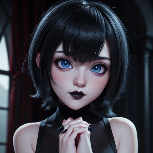 Girl with big blue eyes white skin short hair bob style thick and voluminous lips perfect detailed look seductive and perverted, HD closeup gothic makeup black lips , hands touching cheeks, kawaii 