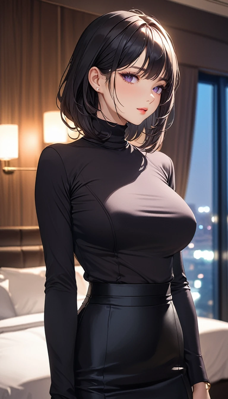 masterpiece, high resolution, beautiful woman, Korean Beauty, 30 years old, black sleeve less turtle neck, mini pencil skirt, beautiful woman, night hotel, looking at me, (high resolution face), (high resolution eyes), black hair, big tits, purple eyes