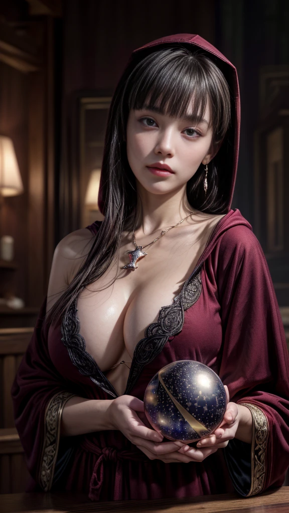 nsfw:0.6、(((Too much exposed skin)))、(((Big Breasts)))、Very beautiful woman、Slender women、(Detailed face)、Realistic Skin、((Delicate photo)),(Girl Masterpiece RAW Photo Details:1.25), (Highest quality:1.6), (Ultra-high resolution:1.5), (Realistic:1.75), 8K resolution, Canon EOS R5, 50mm, Absurd, Ultra-detailed,Cinema Lighting、One girl, Fortuneteller、astrologer、(((Spectacular starry sky in the background)))、(((A burgundy robe with a hood and intricately decorated with beautiful details)))、((Horoscope))、(((Fortuneteller)))、Long black hair、((blunt bangs))、Cowboy Shot、(((Hold your hand over the crystal ball on the table)))、Fancy Necklace、Lace gloves、
