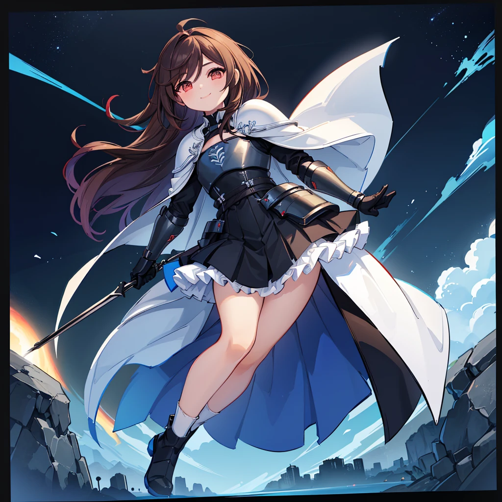(((1boy))), Femboy, superhero, crossdresser man, , in a school, (white long sleeved cocktailrt), (long black skirt with a white stripe), with a (((white cape with a blue inner part))), a (((black chest armor plate with a white decal in the middle))), (black gloves) and (black boots), long technological red sword, ((brown skinned)), red eyes, feminine shoulder length dark brown hair, ((wide hips)), ((thick thighs)), flat chest, narrow waist, flying around in a beautiful futuristic floating in the sky city landscape, ((only one character)), (((solo))), ((smiling)), ((((videogame artstyle)))), ((videogame hud))