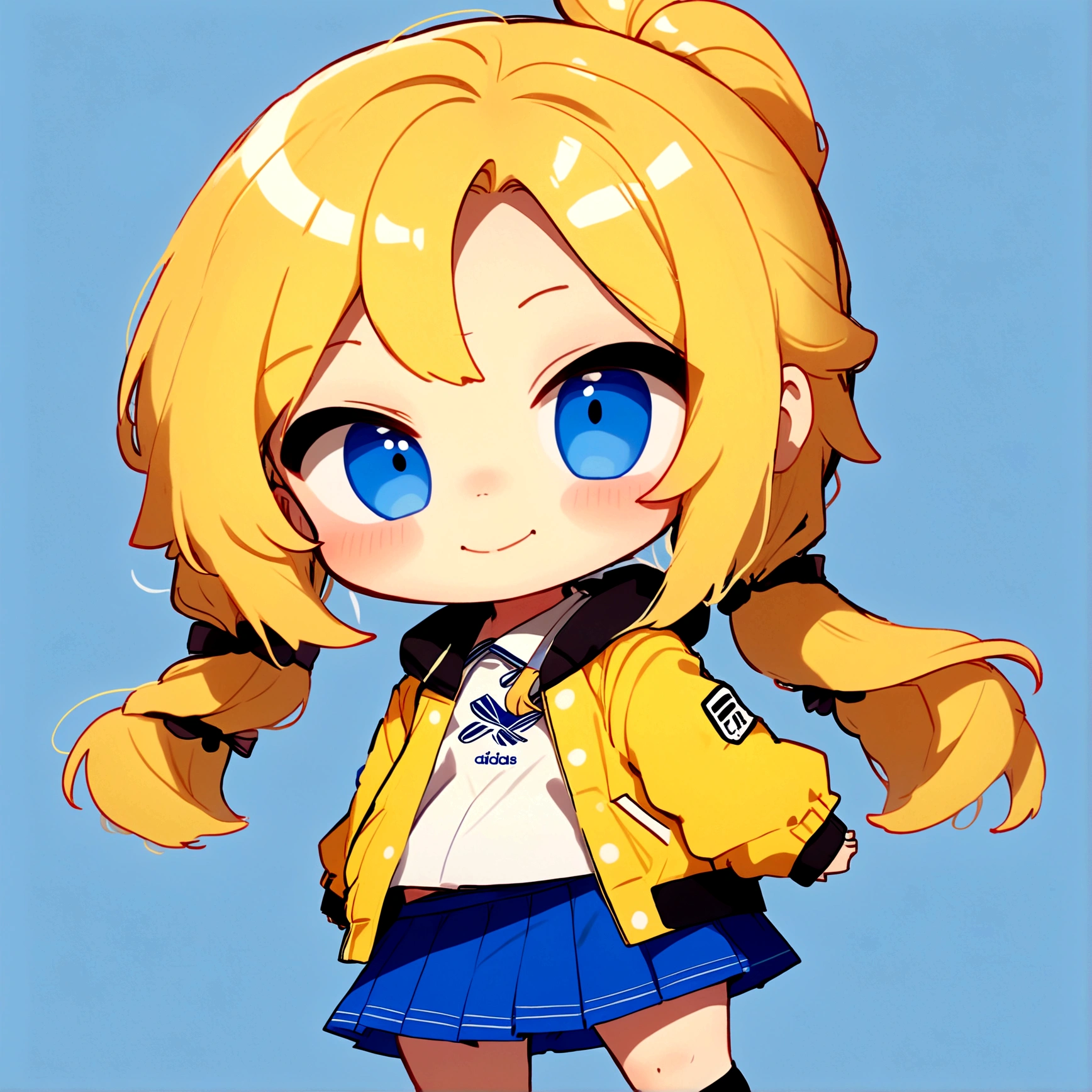 detailed image, beautiful girl portrait, (full body:0.5), (sexy:1.0), blue eyes, long yellow hair, ponytail, ((blue Adidas jacket:1.0)), white shirt, black skirt, HD, VFX, Anime, 8k, (good quality:1.0), Eyes, Beautiful eyes, colored skin, looking at viewer, pretty smile, style chibi, cute, fanart, Sexy woman body.