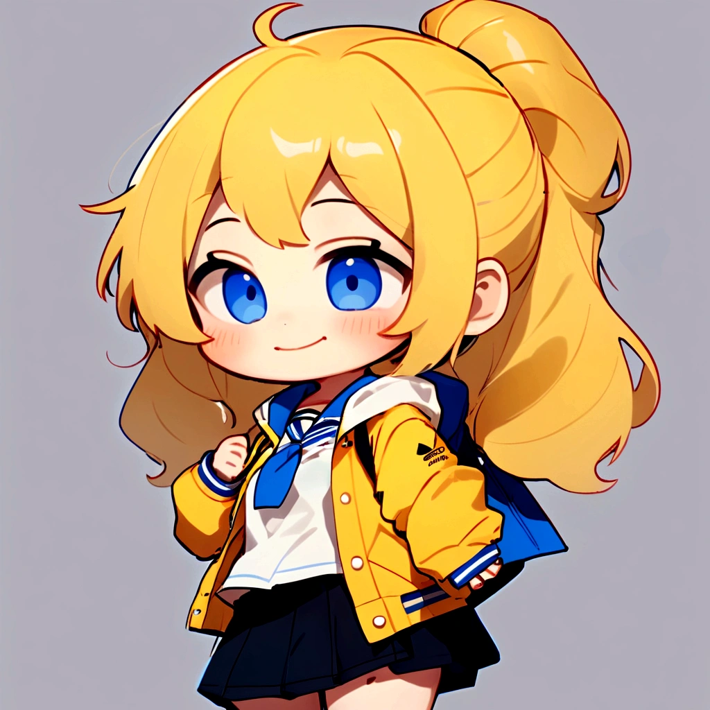 detailed image, beautiful girl portrait, (full body:0.5), (sexy:1.0), blue eyes, long yellow hair, ponytail, ((blue Adidas jacket:1.0)), white shirt, black skirt, HD, VFX, Anime, 8k, (good quality:1.0), Eyes, Beautiful eyes, colored skin, looking at viewer, pretty smile, style chibi, cute, fanart, Sexy woman body.