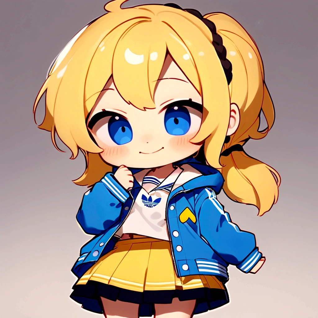 detailed image, beautiful girl portrait, (full body:0.5), (sexy:1.0), blue eyes, long yellow hair, ponytail, ((blue Adidas jacket:1.0)), white shirt, black skirt, HD, VFX, Anime, 8k, (good quality:1.0), Eyes, Beautiful eyes, colored skin, looking at viewer, pretty smile, style chibi, cute, fanart, Sexy woman body.
