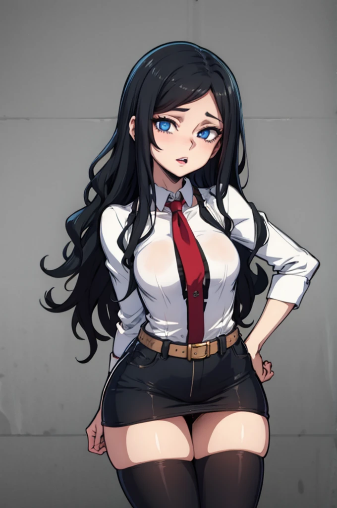 edgGesugao facial expression, curvy blue eyed girl with long wavy black hair and small breasts 