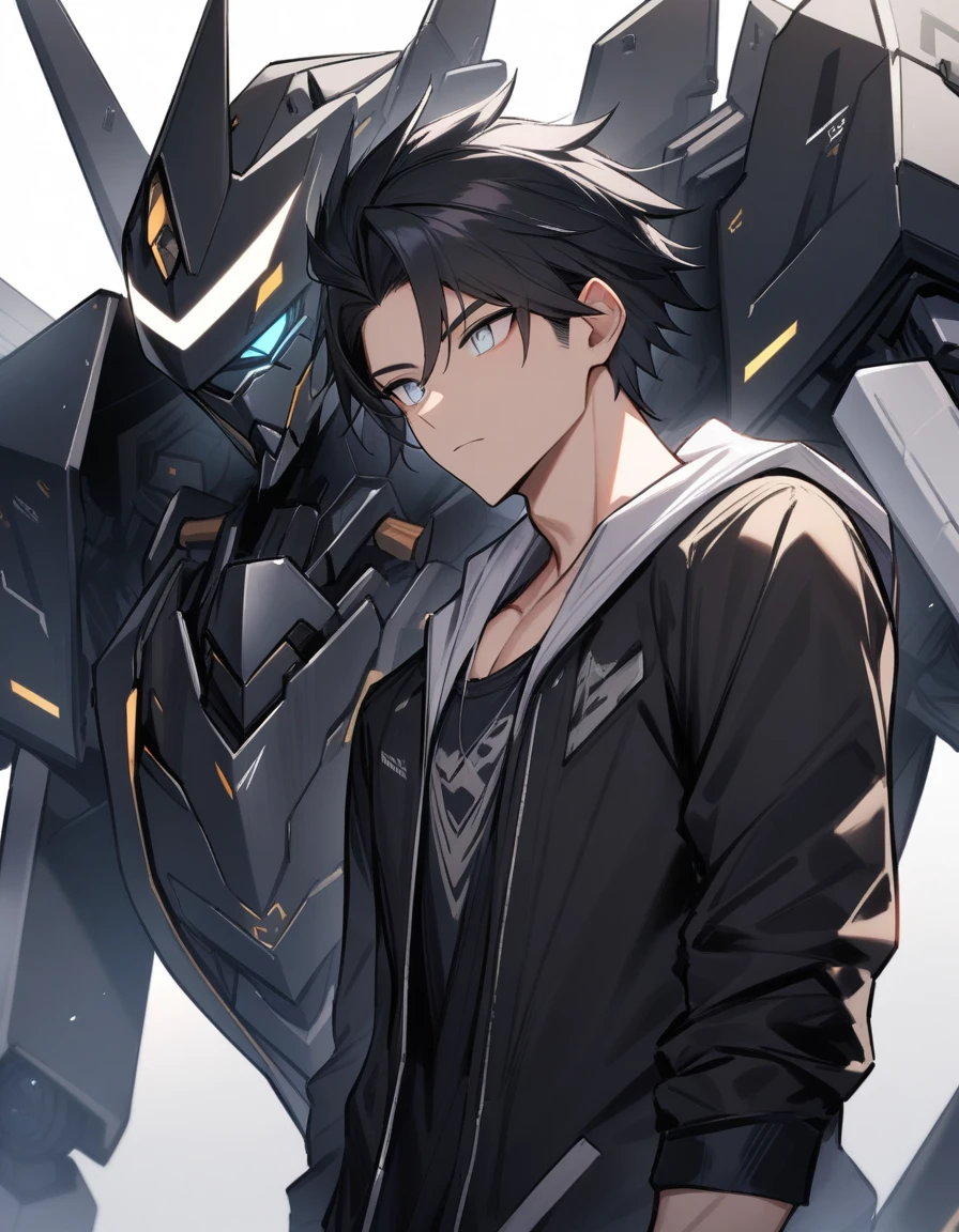 (robot,male), blacksteel, black hair, (layered cut), white bright eyes, masterpiece, best quality, high quality, upper body,