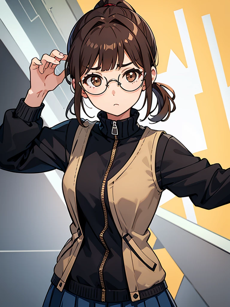 1girl, medium build, ((round glasses)), brown hair, blunt bangs, low ponytail, ponytail, brown eyes, ((neutral)), (no expression), expressionless, Modern, (((contemporary))),