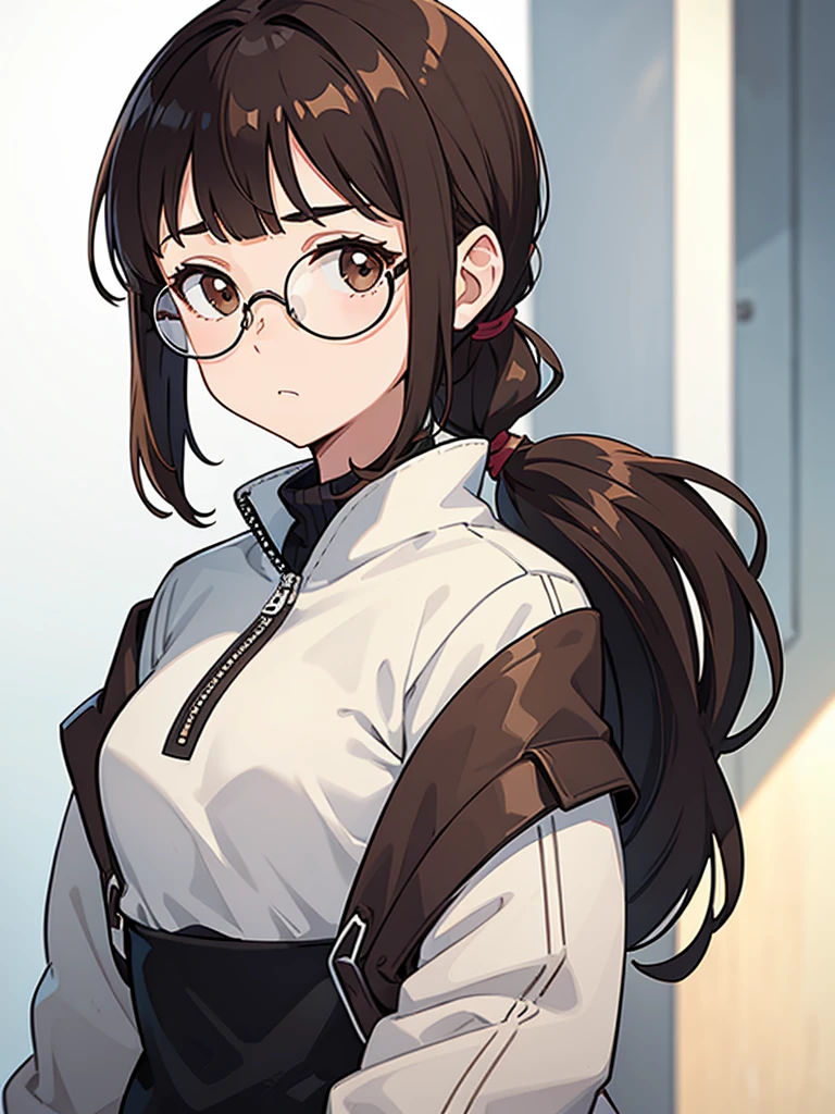 1girl, medium build, ((round glasses)), brown hair, blunt bangs, low ponytail, ponytail, brown eyes, ((neutral)), (no expression), expressionless, Modern, (((contemporary))),