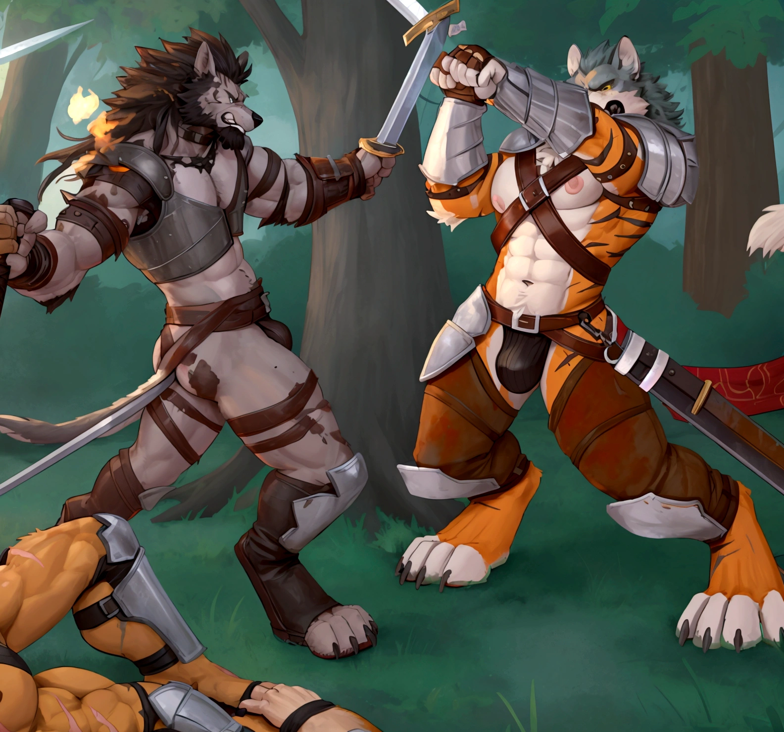 Couple of Sexy young anthro furry wolfes male mercenary warriors, slim endomorph muscular, handsome gay model male apperance, they are fighting with swords in forest ancient battle, sword duel, angry anger look, rage, sword scars, worn out leather skimpy armament, low on hips heavy leather belt, old very worn out skimpy dirty linen material jockstrap, old yellow dirty worn out stains on white sawn jockstrap, very visible "x" brown seam pattern on the jockstrap, studded skimpy armlets breastplate armor, skimpy breastplate, leather bondages, fingerless leather gloves, smelly unwashed furr, dirty body look, both of them hold blooded sword in hand, proffesional anathomy, correct anathomy, five fingers, correct muscules building, proffesional perspective, professional composition, proffesional cinematic sword fight scene, correct sword hold in hand,