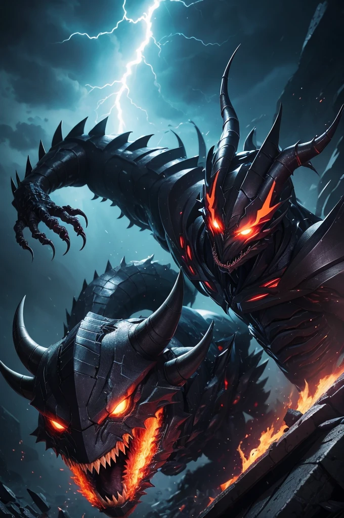 anime character with glowing eyes and horned head in a lightning storm, This character has cryokinesis, poisonous, venom symbiote, from cryptid academia, transforming into its final form, symbiote, cyborg dragon portrait, venom fangs, From the Supreme Lord, from the Pacific Rim, cyborg vegetable dragon, an epic anime of an energetic man, kaiju numero 111, in a deserted place full of debris