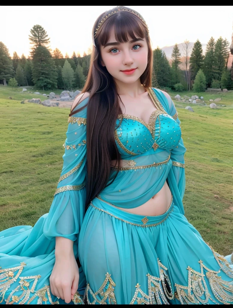 1 Girl, Beautiful, Russian Baby Face, 20 Years Old, White Skin, Huge Colossal Chests, Posing, Cleavage, ((Belly Dancer Outfit)), ((Belly Dancer Attribute)), ((muscles:1.3)), Top of The Mountain Background, Sexy Look, ((bokeh:1.1)), Longest Hair, Hair Bangs