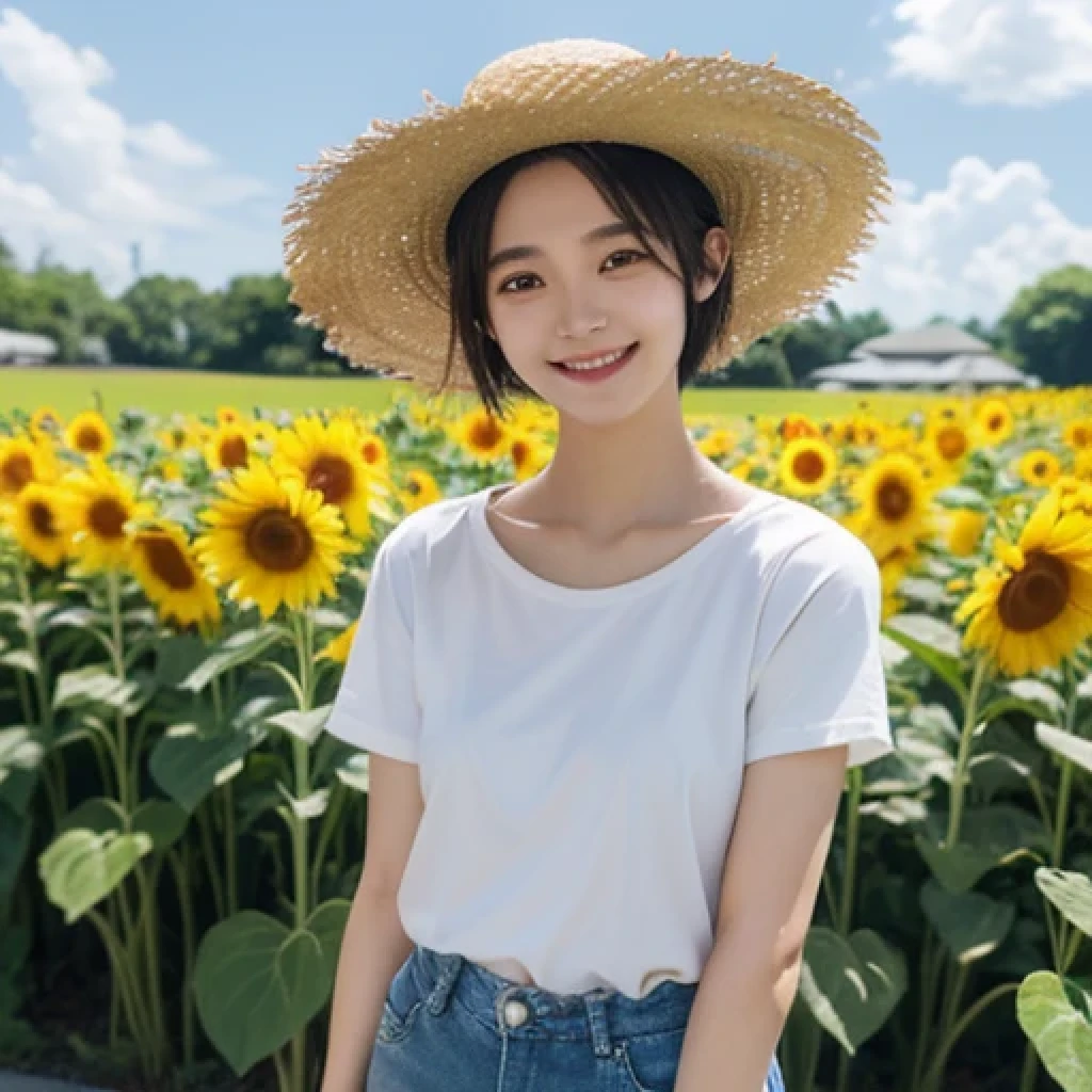 Japanese、18-year-old、Very slim、((Smiling))、Summer clothing、Blue sky、White cloud、sunflower、Straw hat、T-Shirts、Shorts、short hair