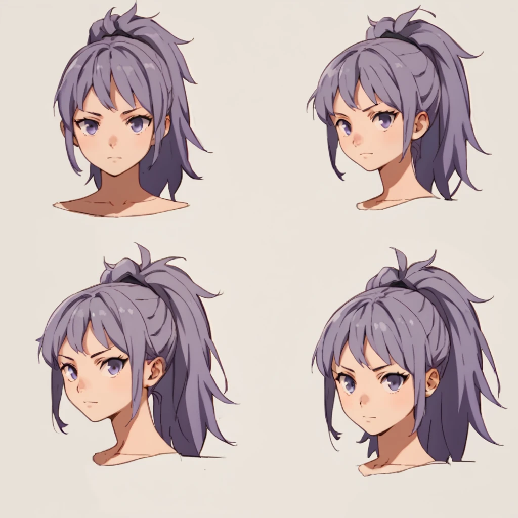 score_9, score_8_up, score_7_up, score_6_up, score_5_up, score_4_up, BREAK source_anime, frond an side, multiple views, front and side, headshot,1 female,human,Purple hair with purple strands, Ponytail, purple eyes,