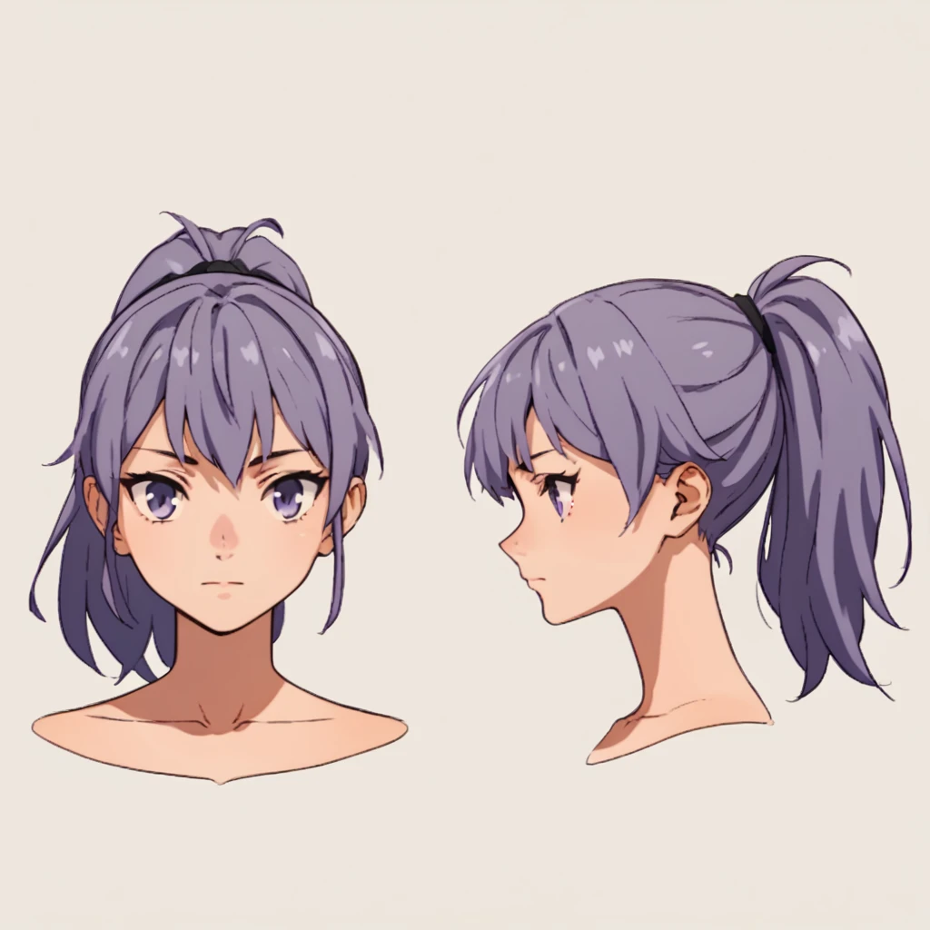 score_9, score_8_up, score_7_up, score_6_up, score_5_up, score_4_up, BREAK source_anime, frond an side, multiple views, front and side, headshot,1 female,human,Purple hair with purple strands, Ponytail, purple eyes,