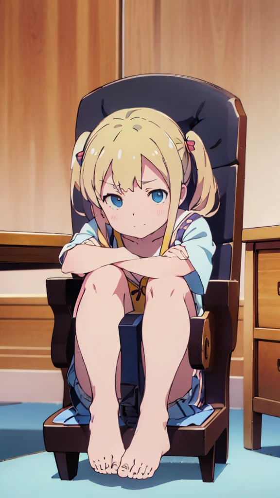 ((masterpiece))((Highest quality))Sitting in a chair、Blonde twin tails、(So that your whole body can be seen)、Directly in front、No background、(Put your feet on the ground)