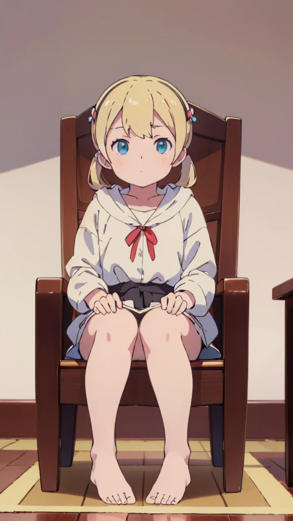 ((masterpiece))((Highest quality))Sitting in a chair、Blonde twin tails、(So that your whole body can be seen)、Directly in front、No background、(Put your feet on the ground)