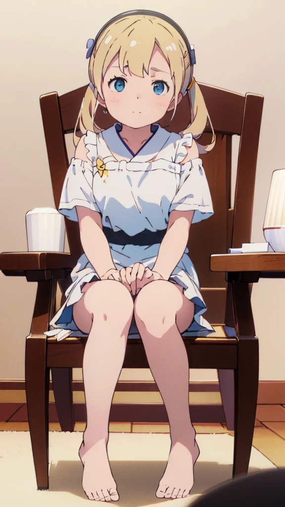 ((masterpiece))((Highest quality))Sitting in a chair、Blonde twin tails、(So that your whole body can be seen)、Directly in front、No background、(Put your feet on the ground)