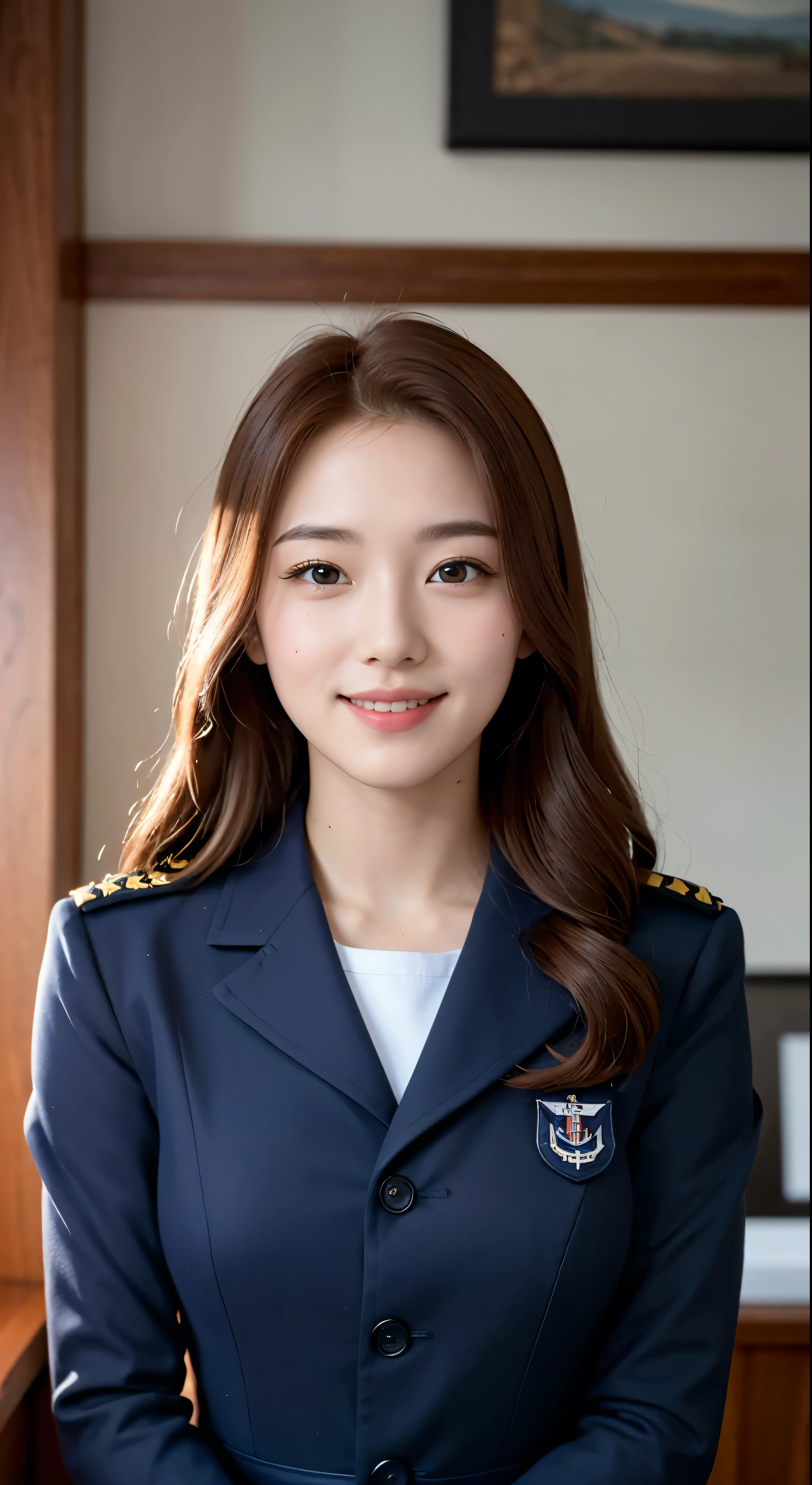 On board the USS John Paul Jones{{masterpiece, Highest quality, Highly detailed CG, unity 8k wallpaper, Cinematic Lighting, }}, Sony a7, Wide Frame, During the war with the Asian powers, Winds blowing on the Aegis ship, 1 Girl, whole body, smile, She is a US Navy sailor., White people, 20-year-old, smile, Chestnut Hair, Long eyelashes，Facial details，Girl in navy uniform

